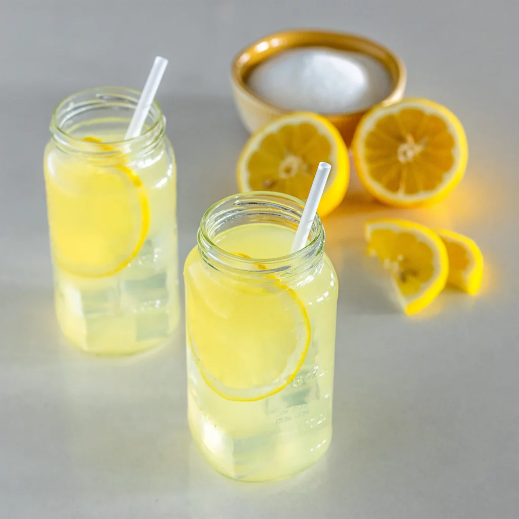 Two mason jars filled with lemonade and lemon slices, each with a white straw. In the background are a bowl of sugar and a sliced lemon on a light surface.